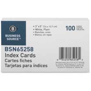 Index Cards, Plain, 90lb., 3"x5", 100/PK, White (BSN65258)
