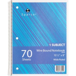 Sparco Notebooks,1 Subject,10-1/2"x8",Wide Ruled,70 Sht,AST (SPR83250)