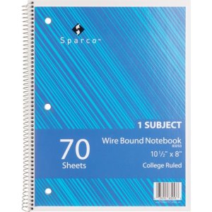 Sparco 1 Subject College Rule Notebook, 70 Sheets, Assorted Color (SPR83253)