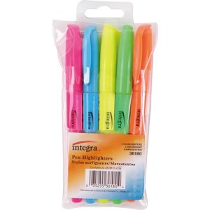 Integra Pen Style Highlighter,Chisel Tip, 5 Color/ST,Fluorescent AST (ITA36180)