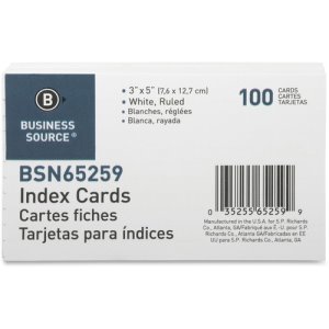 Business Source Index Cards, Ruled, 72 lb., 3"x5", 100/PK, White (BSN65259)
