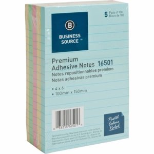 Business Source Adhesive Notes, Ruled, 4"x6", 100 Sheets/Pad, 5 Pads (BSN16501)