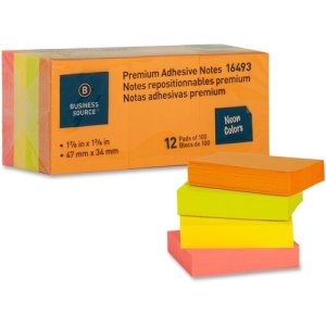 Business Source Adhesive Notes,Plain,1-1/2"x2",100 Sh/PD,12PD/PK,Neon (BSN16493)