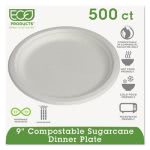 Eco-Products Compostable Sugarcane 9" White Plate, 500 Plates (ECOEPP013)