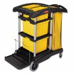 RW Clean 44.3 x 20.1 x 37.8 Cleaning Cart, 1 Heavy-Duty Janitorial Cart - with 3 Shelves, 20-Gallon Nylon Bag, Plastic Housekeeping Cart, Wheeled, for