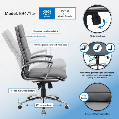 Boss Office Products Boss Executive CaressoftPlus™ Chair with Metal Chrome  Finish B9471-GY