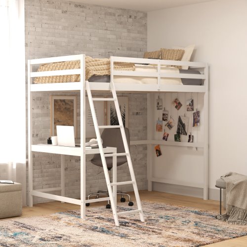 Flash Furniture Riley Loft Bed Frame with Desk, Twin Size Wooden Bed ...