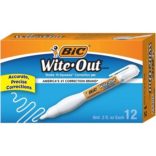 Wite-Out BIC® Correction Pen, Fast Drying, Needlept Tip, 8ml, 12/BX, WE  BICWOSQP11BX