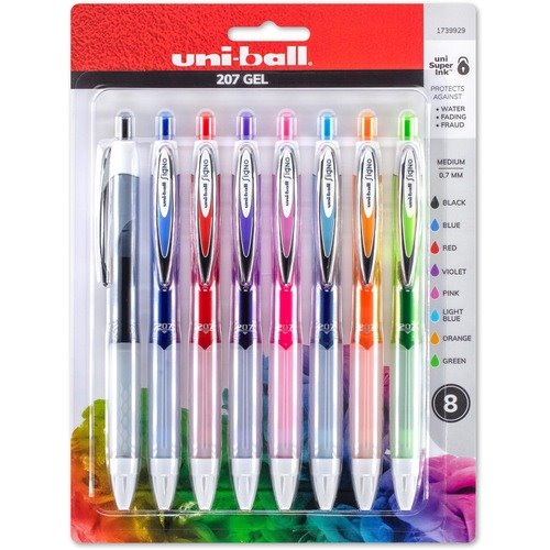 Uni-Ball Gel Pen Set: Retractable, Cushion, Black/Blue/Green/Light Blue/Orange/Pink/Purple/Red, Medium, 8 PK