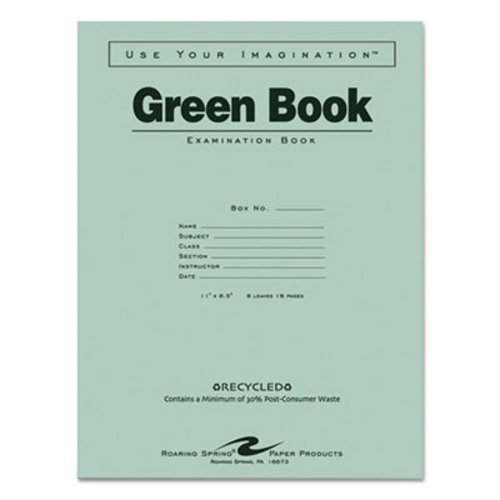 Stapled Green Books Exam Books 8 Sheets/16 Pages Stapled construction exam book. Wide Rule,11 x 8 1/2 Roaring Spring® Sold As 1 Each 