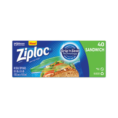 Ziploc® Resealable Sandwich Bags, 1.2 mil, 6.5 x 5.88, Clear, 40/Box  SJN315882BX