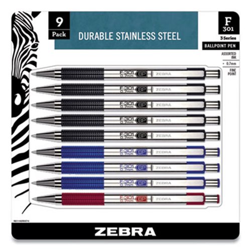 Zebra F 301 Retractable Ballpoint Pen 0 7 Mm Assorted Ink Assorted Barrel 9 Pack Zeb