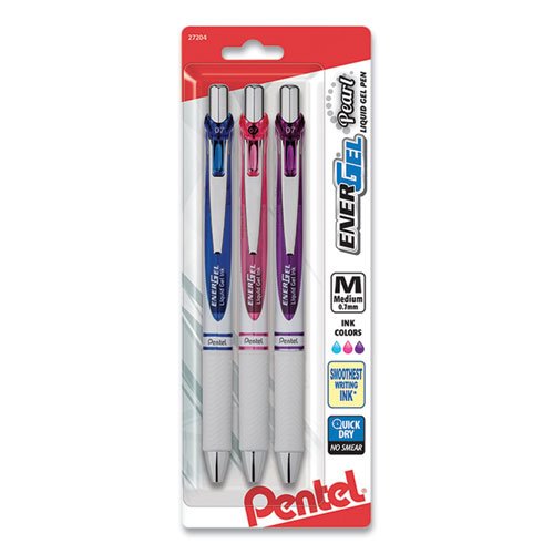 Pentel EnerGel Pearl Gel Pen, Retractable, Medium 0.7 mm, Assorted Ink and Barrel, 3/Pack