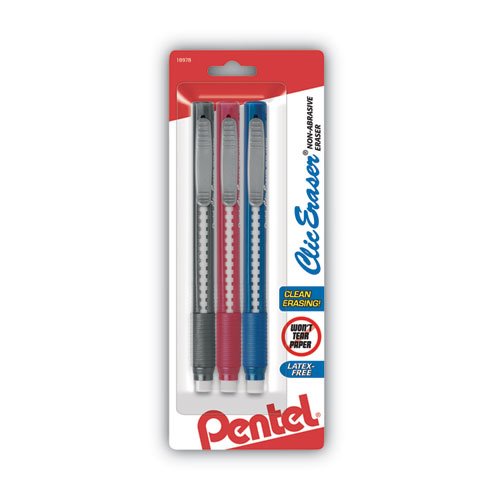 Pentel Clic Eraser Pencil-Style Grip Eraser, Assorted, 3/Pack PENZE21BP3K6