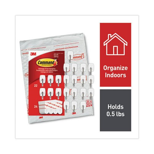 Command Small Wire Hooks, Small, Plastic/Metal, White, 0.5 lb Capacity, 22  Hooks and 24 Strips/Pack MMM1706722NA