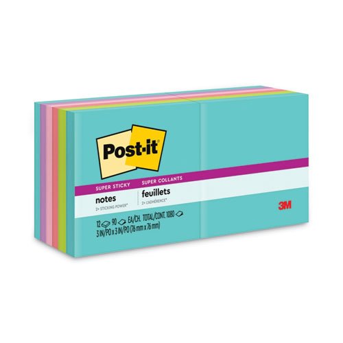Post-it Notes Super Sticky Pads in Miami Colors, 3 x 3, 90/Pad, 12