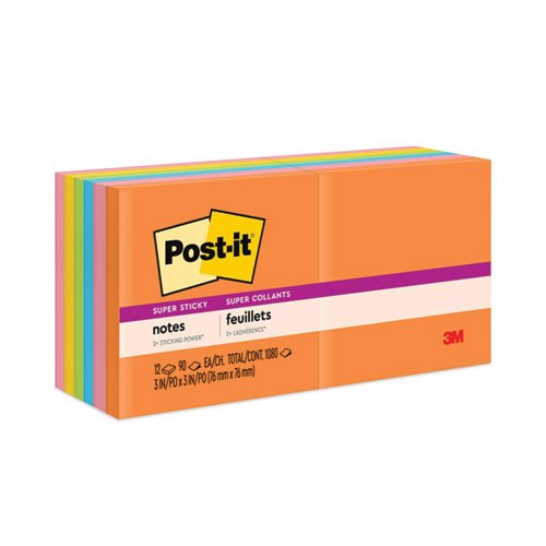 Post-It Super Sticky Notes, Jewel Pop - 12 pads, 90 sheets each