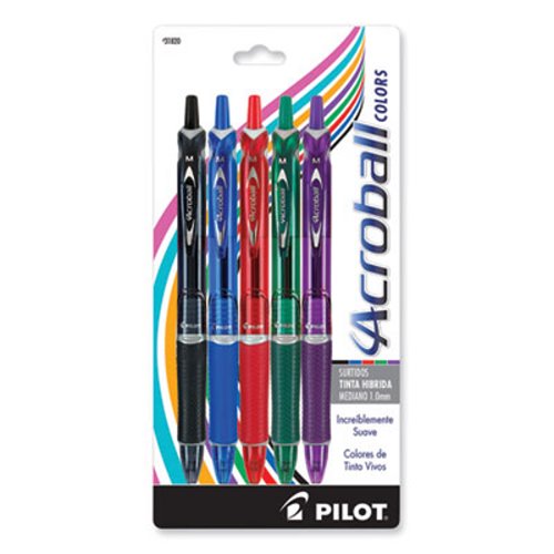 Pilot Acroball Colors Hybrid 5-Pen Set, Black/Blue/Green/Purple/Red, 1 mm