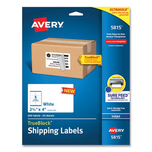 Avery® 5815 Shipping Labels, 2.5x4, Inkjet, White, 8 Labels, 25 Sheets