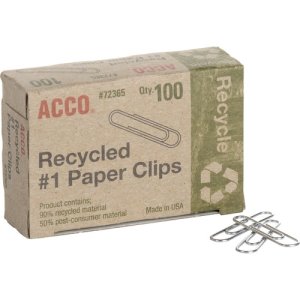 Acco Recycled Paper Clips,No 1, 1-9/32" Size,Standard,100/BX, SR (ACC72365)