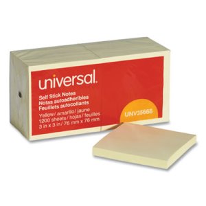 Universal Standard Self-Stick Note Pads, 3 x 3, Yellow, 12 Pads (UNV35668)